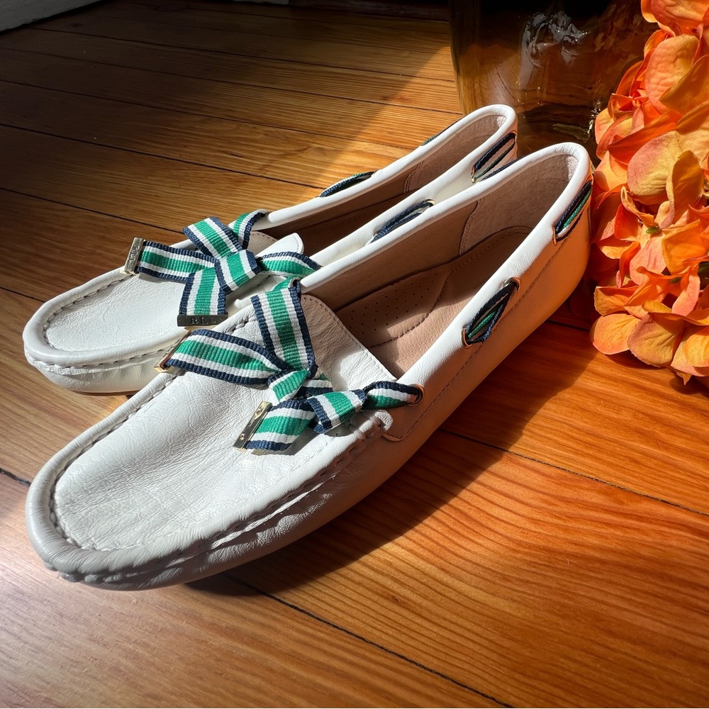 Ralph Lauren White Loafers with Green and Blue Stripes